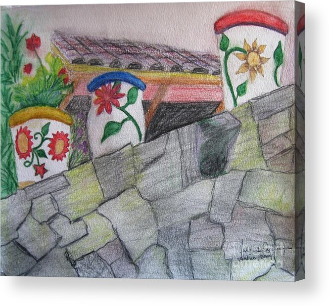 Watercolor Acrylic Print featuring the painting Wall with Decorated Pots - GIFTED by Judith Espinoza