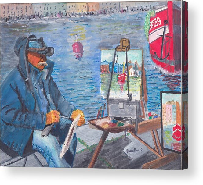 Watercolor Acrylic Print featuring the painting Waterfront Artist by Quwatha Valentine