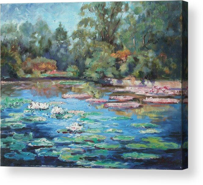 St.louis Acrylic Print featuring the painting Waterlilies pond in Tower Grove Park by Irek Szelag