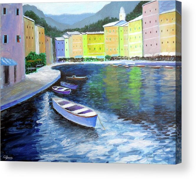Portofino Italy Acrylic Print featuring the painting Waters Of Portofino by Larry Cirigliano