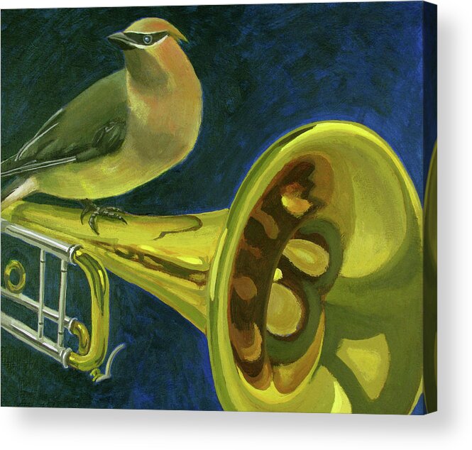 Waxwing Acrylic Print featuring the painting Waxwing on Trumpet by Don Morgan