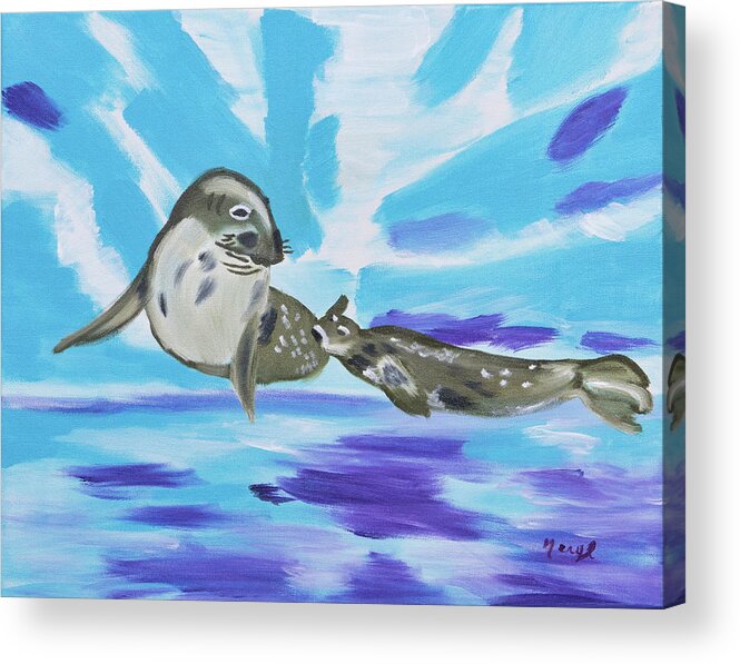 Weddell Seals Acrylic Print featuring the painting Weddell Seals Underneath Ice by Meryl Goudey