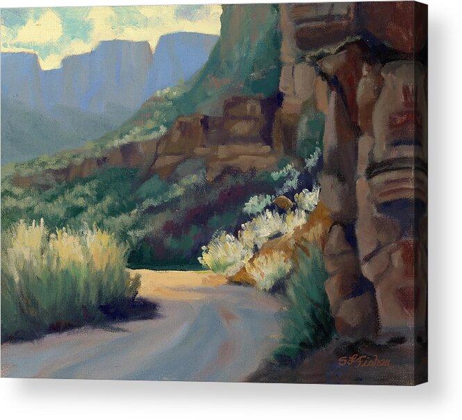 Utah Landscape Acrylic Print featuring the painting Where the Road Bends by Sandy Fisher