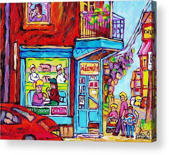 Montreal Acrylic Print featuring the painting Wilensky Deli Dinner For Two Montreal Art Paintings Of Montreal C Spandau Montreal Street Scene Art by Carole Spandau
