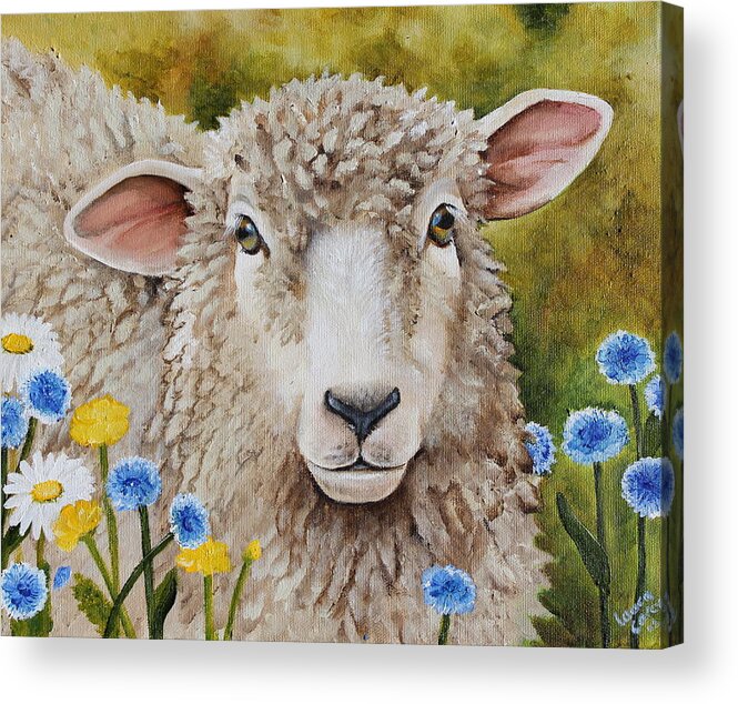 Sheep Acrylic Print featuring the painting Winnie in the Wild Flowers by Laura Carey