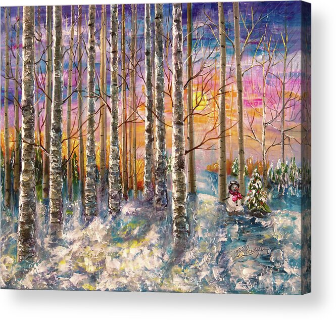 Impressionism Acrylic Print featuring the digital art Dylan's Snowman - Winter Sunset Landscape Impressionistic Painting with palette knife by OLena Art