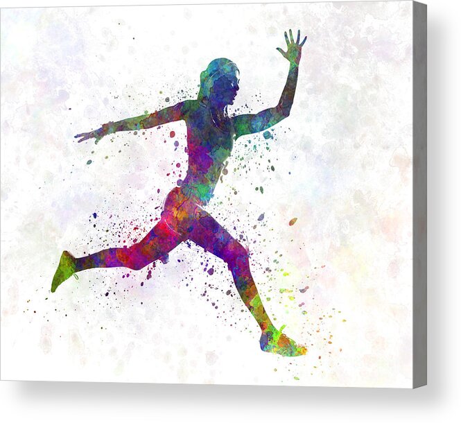 Athleticism Acrylic Print featuring the painting Woman runner running jumping by Pablo Romero