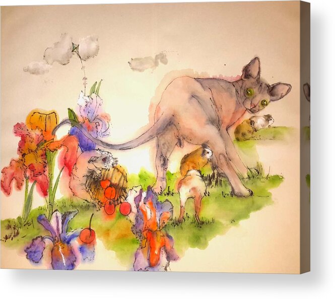 Guinea Pigs. Spynx Cat Iris Flowers.red. Acrylic Print featuring the painting World Of Guinea Pigs And Naked Cats Album by Debbi Saccomanno Chan