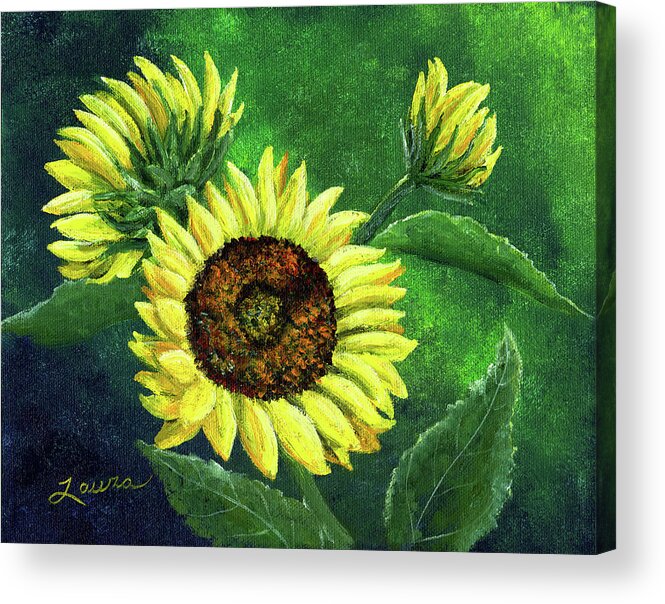 Sunflower Acrylic Print featuring the painting Yellow Sunflowers on Green by Laura Iverson