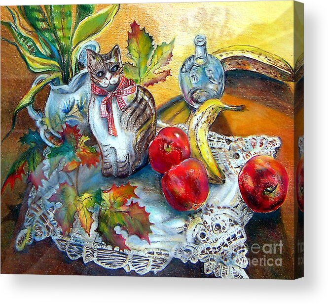 Ceramic Acrylic Print featuring the painting Apple Cat by Linda Shackelford