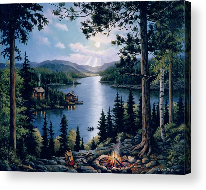 Fire Burning In A Clearing In The Forest With Camping Gear Around It. There Is A View Of A Lake With A Canoe On It And A Couple Of Cabins On It's Bank.
Camping Acrylic Print featuring the painting Cabin In The Woods #1 by John Zaccheo