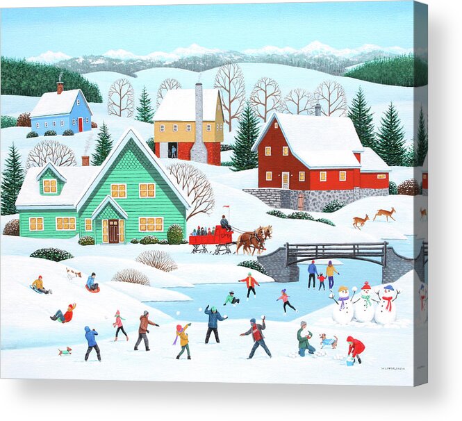 Winter Acrylic Print featuring the painting Snowball Fight #2 by Wilfrido Limvalencia