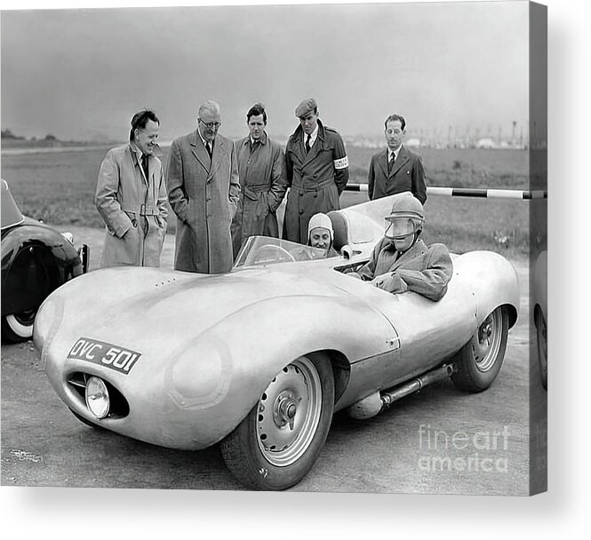 Vintage Acrylic Print featuring the photograph 1957 Jaguar D Type Testing With William Lyons And Team by Retrographs