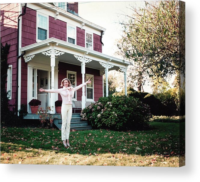 Architecture Acrylic Print featuring the photograph Alison Spear Jumping Outside Her Farmhouse by Arthur Elgort