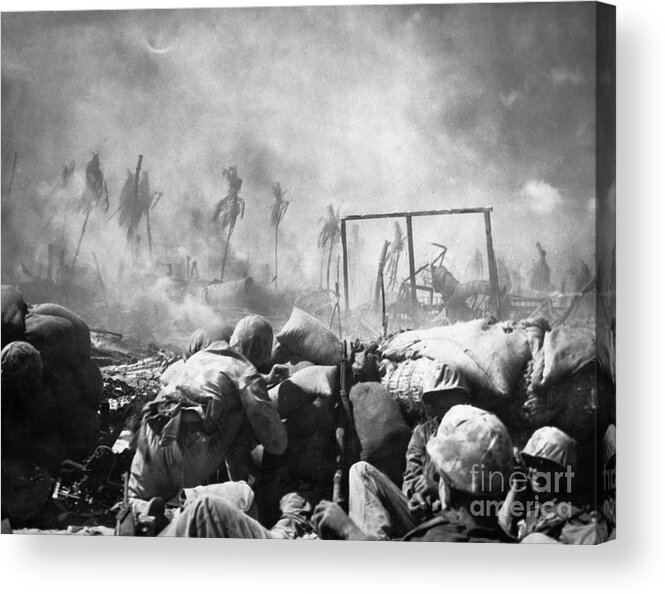 Trench Acrylic Print featuring the photograph American Marines During Battle by Bettmann