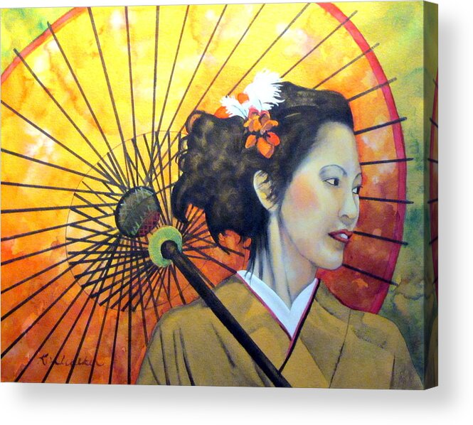 Yellow Acrylic Print featuring the painting Asian Beauty Watercolor by Kimberly Walker