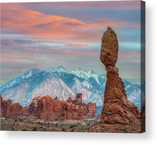 Arches Acrylic Print featuring the photograph Balance And La Sal Mountains by Tim Fitzharris