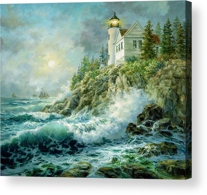 Bass Harbor Lighthouse Acrylic Print featuring the painting Bass Harbor Lighthouse by Nicky Boehme