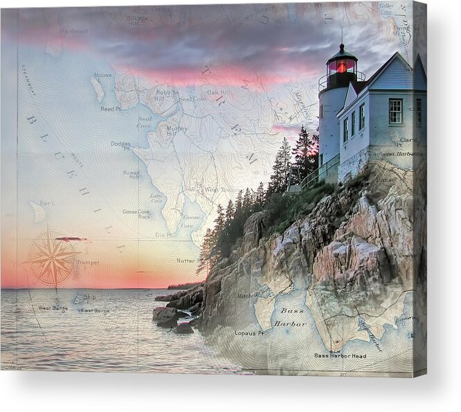 Lighthouses Of New England Acrylic Print featuring the photograph Bass Harbor lighthouse on a chart by Jeff Folger