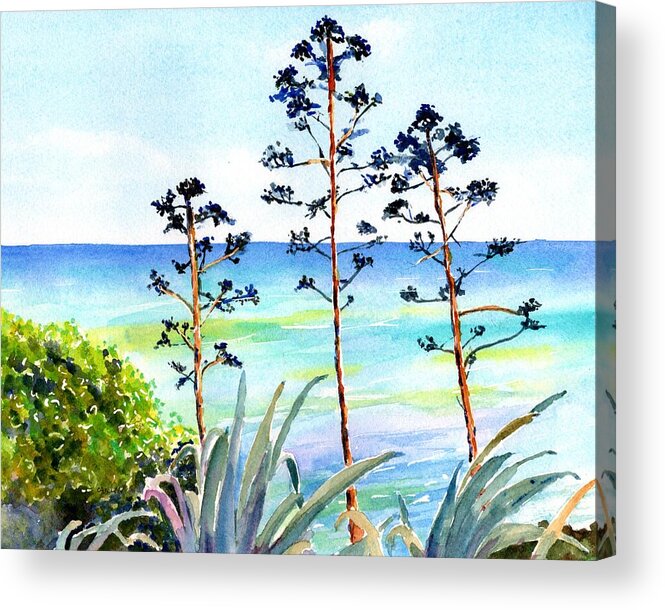 Ocean Acrylic Print featuring the painting Blue Sea and Agave by Carlin Blahnik CarlinArtWatercolor