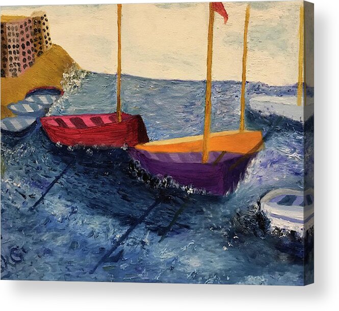 Sailboats Acrylic Print featuring the painting Boat Shadows in the Bay by Susan Grunin