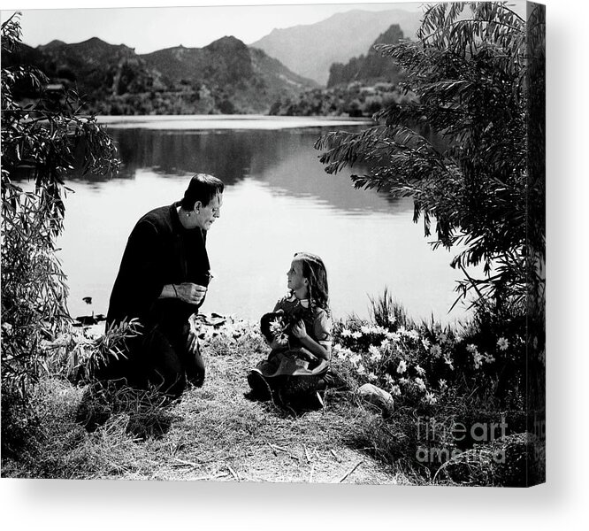 Frankenstein Acrylic Print featuring the photograph Boris Karloff as Frankenstein By The Lake With Little Girl by Doc Braham