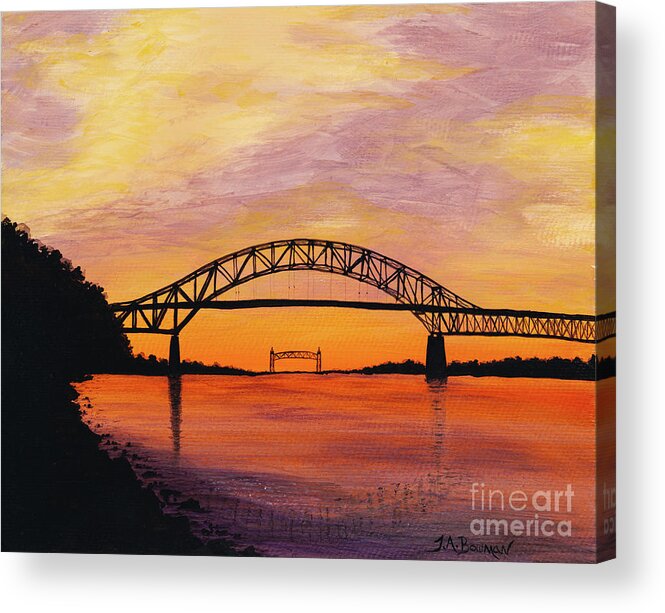 Yellow Acrylic Print featuring the painting Bourne Bridge Sunset by Tracy Bowman