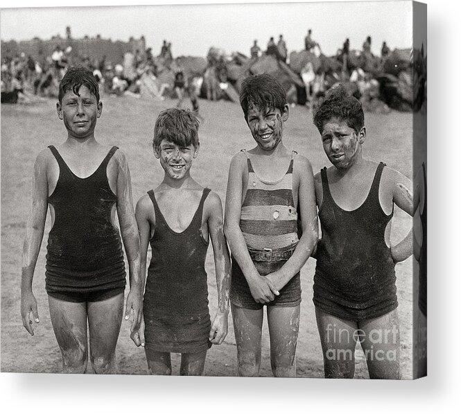 Three Quarter Length Acrylic Print featuring the photograph Boys Stand Smeared With Clay On Beach by Bettmann