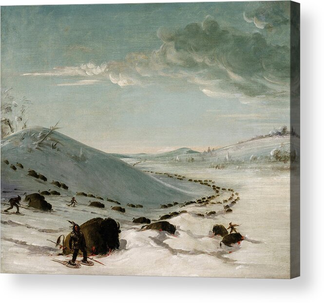 George Catlin Acrylic Print featuring the painting Buffalo Chase in Winter, Indians on Snowshoes by George Catlin