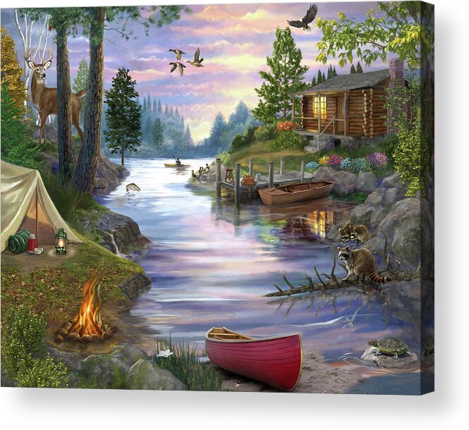 Cabin Lake Acrylic Print featuring the painting Cabin Lake by Bigelow Illustrations