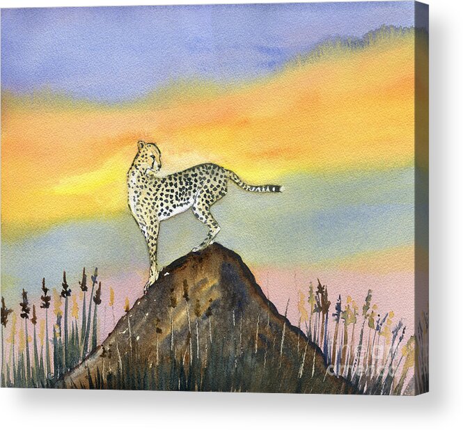 Cheetah In Sunset Acrylic Print featuring the painting Cheetah in Sunset by Melly Terpening