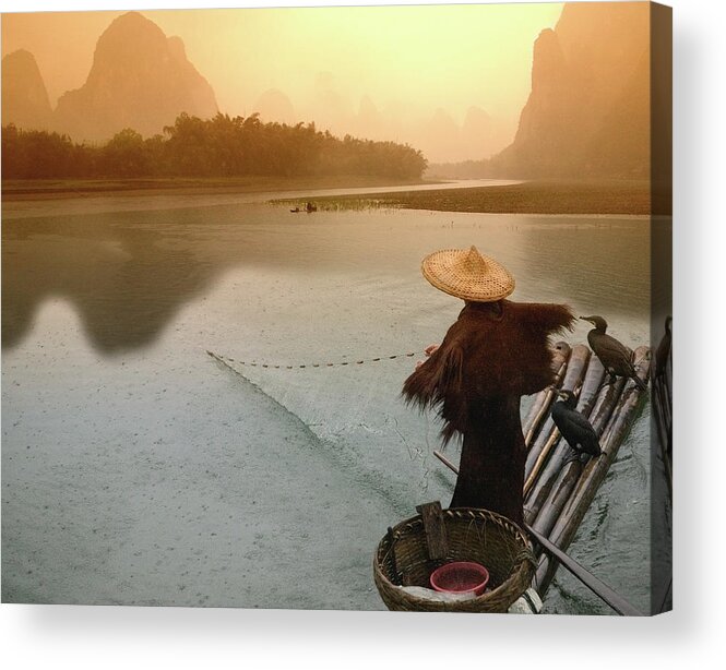 Chinese Culture Acrylic Print featuring the photograph China, Guangxi, Yangshuo, Fisherman by Keren Su