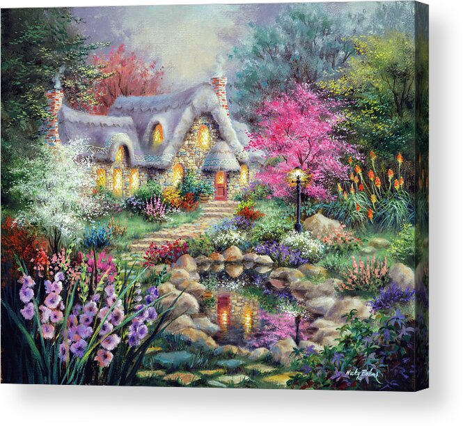 Cottage Pond Acrylic Print featuring the painting Cottage Pond by Nicky Boehme