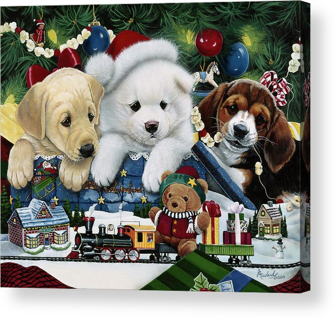 Curious Christmas Pups Acrylic Print featuring the painting Curious Christmas Pups by Jenny Newland