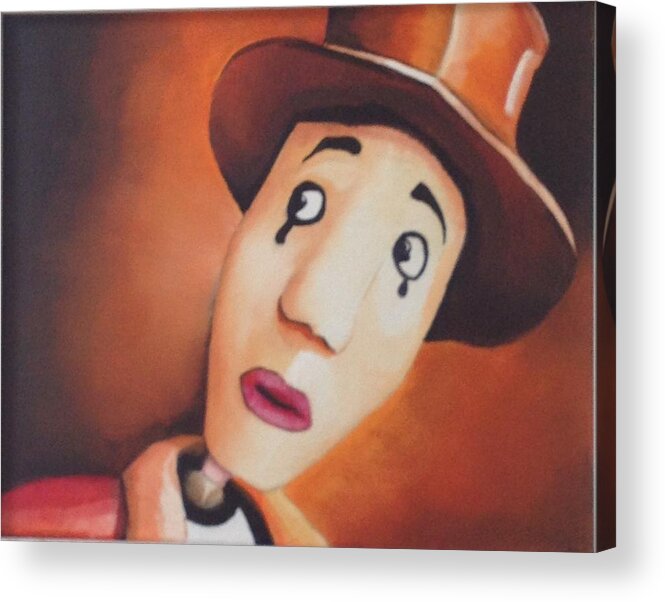 This Is An Oil Painting Of A Puppet. He Is Peeping Around A Corner Looking At His Puppet Creator. He Is Not Used Anymore In Any Puppet Shows. He Is No Longer Used By Any Children Anymore. He Is Hoping To Be Picked For The Next Show. He Becomes Sad Because He Is Once Again Pasted Over. I Painted Tears On His Face To Show His Sad Emotions. The Creator Has Forgotten About Him And Put Him On An Old Dusty Shelf.  Acrylic Print featuring the painting Curious Puppet by Martin Schmidt