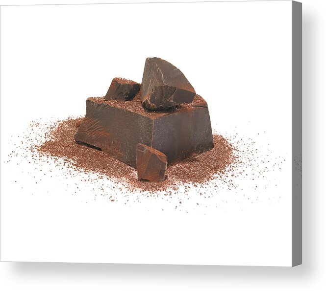 White Background Acrylic Print featuring the photograph Dark Chocolate Chunks And Powder by James Worrell