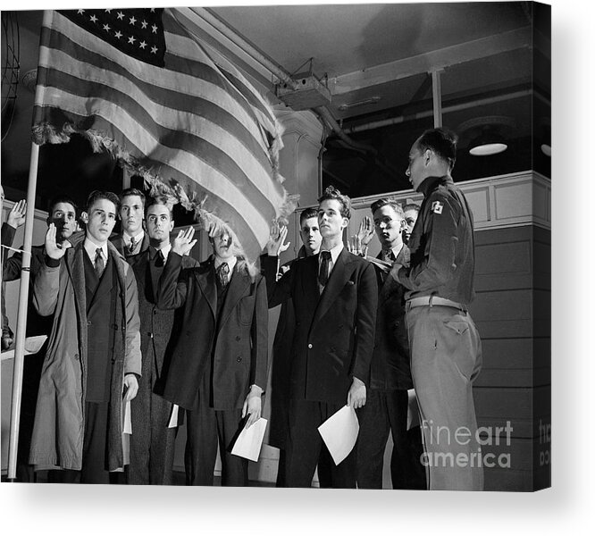 Hand Raised Acrylic Print featuring the photograph Draftees Take An Oath by Bettmann