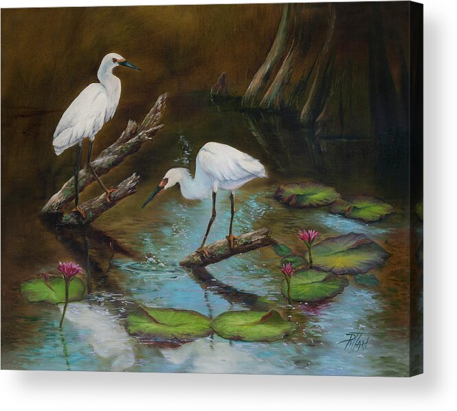 Egrets Acrylic Print featuring the painting Two Egrets--Missed Again by Lynne Pittard