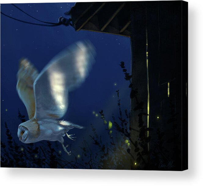 Owls Acrylic Print featuring the digital art Evening Ghost - Barn Owl by Aaron Blaise