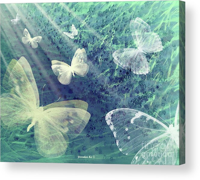 Butterfly Acrylic Print featuring the painting From Darkness to Light - Yellow Butterfly by Yoonhee Ko
