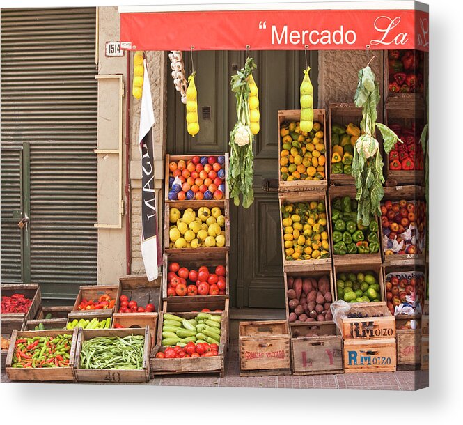 Hanging Acrylic Print featuring the photograph Fruit And Vegetable Stand, Montevideo by Ashok Sinha