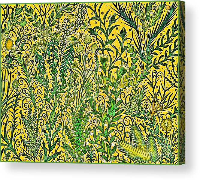 Lise Winne Acrylic Print featuring the tapestry - textile Garden in Mustard Yellow and Green by Lise Winne