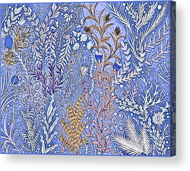 Denim Blue Garden Acrylic Print featuring the mixed media Garden in snow by Lise Winne
