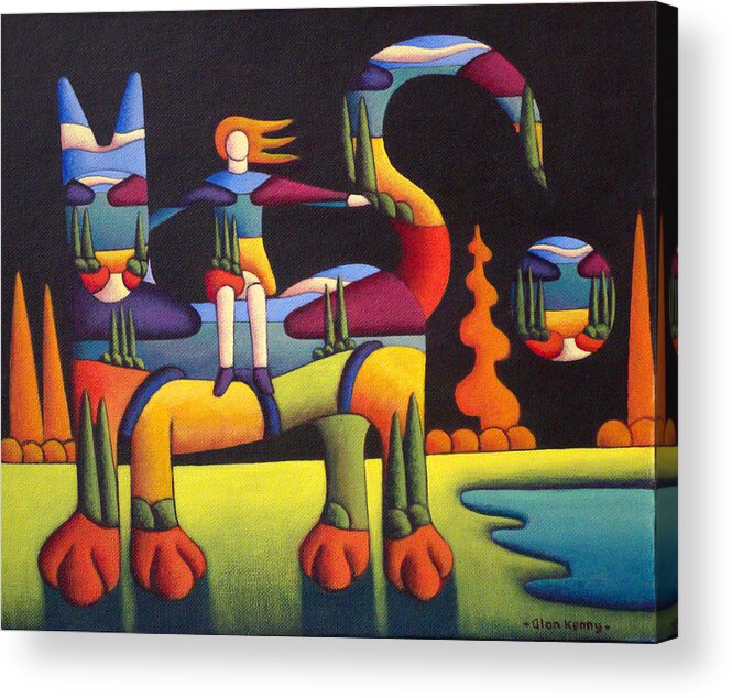 Cat Acrylic Print featuring the painting Girl on cat in landscape by Alan Kenny