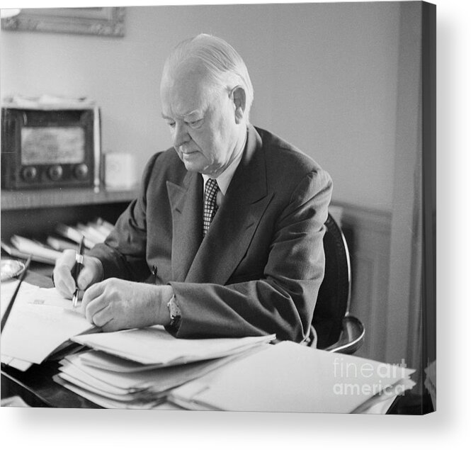 Working Acrylic Print featuring the photograph Herbert Hoover Busy At His Desk by Bettmann