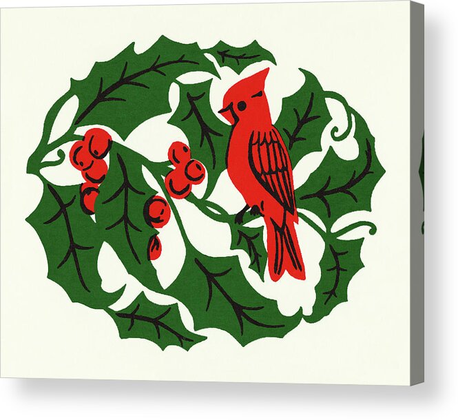Animal Acrylic Print featuring the drawing Holly Berries, Leaves, and a Cardinal by CSA Images