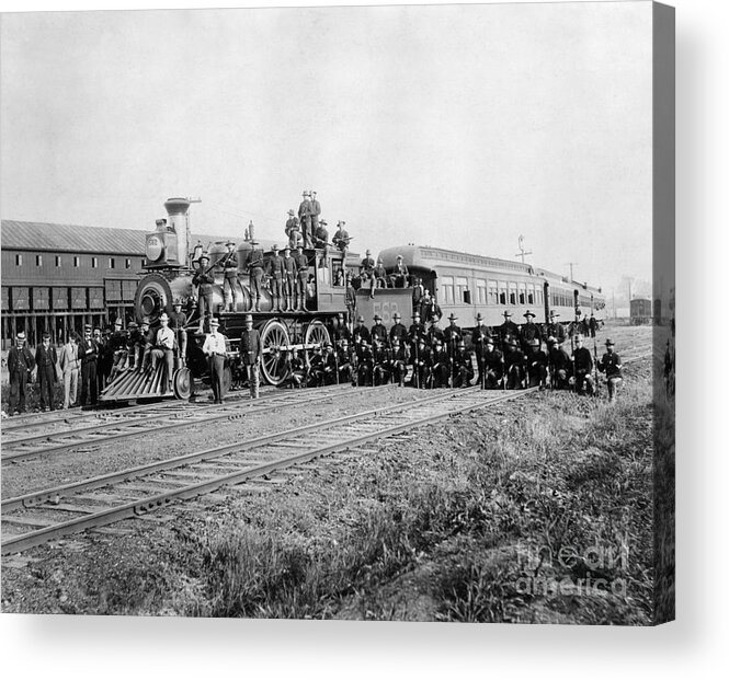 Employment And Labor Acrylic Print featuring the photograph Infantry Company Poses Beside Train by Bettmann