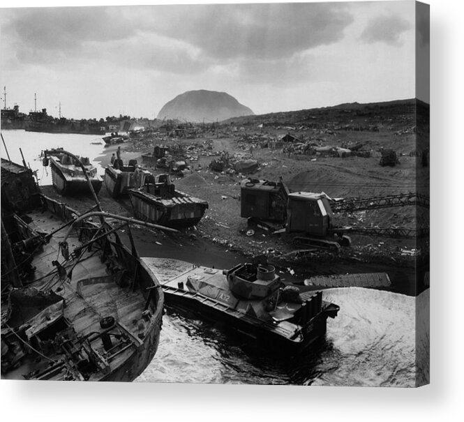 Iwo Jima Acrylic Print featuring the photograph Iwo Jima Beach Destruction by War Is Hell Store
