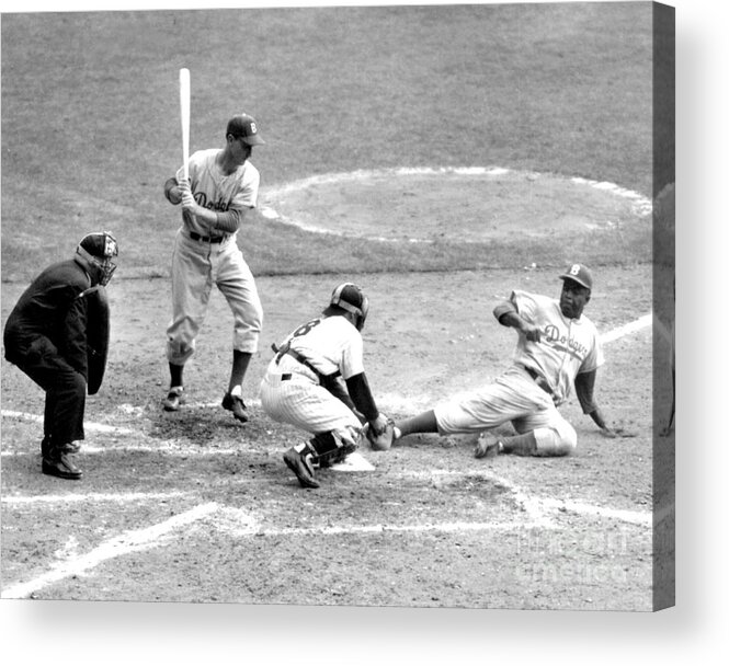 American League Baseball Acrylic Print featuring the photograph Jackie Robinson, Brooklyn Dodgers Tries by New York Daily News Archive