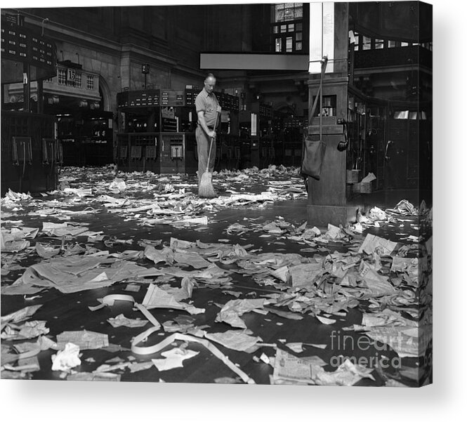Trading Acrylic Print featuring the photograph Janitor Sweeping Floor Of The New York by Bettmann